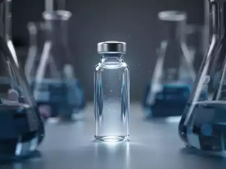Nahaufnahme eines Labors mit einem einzelnen, leuchtenden Glasfläschchen im Mittelpunkt, umgeben von unscharfen wissenschaftlichen Geräten. - Foto: über boerse-global.de