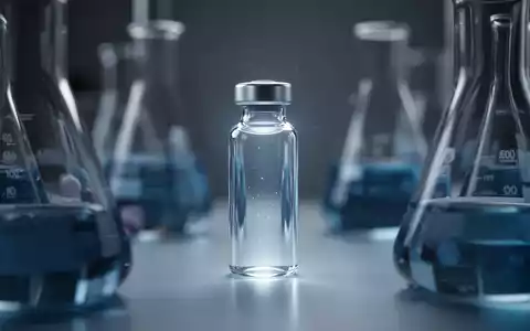 Nahaufnahme eines Labors mit einem einzelnen, leuchtenden Glasfläschchen im Mittelpunkt, umgeben von unscharfen wissenschaftlichen Geräten. - Foto: über boerse-global.de