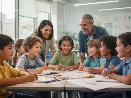 Kinder und Erwachsene arbeiten gemeinsam an einem Lernprojekt in einem hellen Klassenzimmer. - Foto: über boerse-global.de
