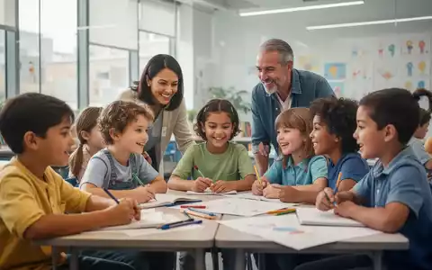 Kinder und Erwachsene arbeiten gemeinsam an einem Lernprojekt in einem hellen Klassenzimmer. - Foto: über boerse-global.de