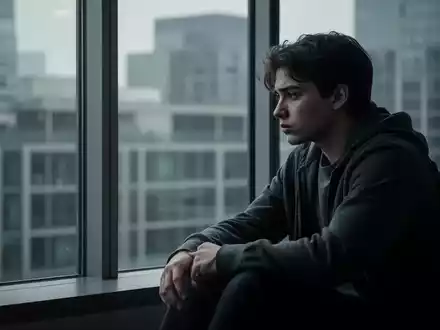 Ein junger Erwachsener sitzt nachdenklich an einem Fenster in einer modernen Stadtansicht, Ausdruck von Melancholie und Sorge. - Foto: über boerse-global.de