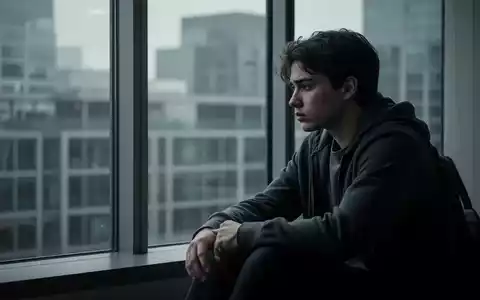 Ein junger Erwachsener sitzt nachdenklich an einem Fenster in einer modernen Stadtansicht, Ausdruck von Melancholie und Sorge. - Foto: über boerse-global.de