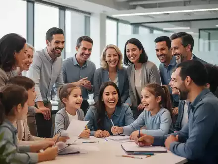 Eltern und Kinder in einem modernen Büro, das die Vereinbarkeit von Familie und Beruf und die Elternzeit symbolisiert. - Foto: über boerse-global.de