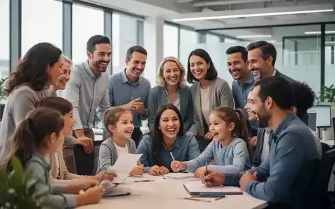 Eltern und Kinder in einem modernen Büro, das die Vereinbarkeit von Familie und Beruf und die Elternzeit symbolisiert. - Foto: über boerse-global.de