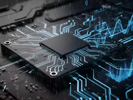 A sleek, futuristic black circuit board with glowing blue lines, representing a GPU, partially obscured by digital data visualizations. - Foto: über boerse-global.de