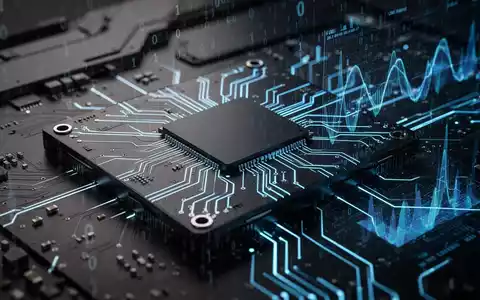 A sleek, futuristic black circuit board with glowing blue lines, representing a GPU, partially obscured by digital data visualizations. - Foto: über boerse-global.de