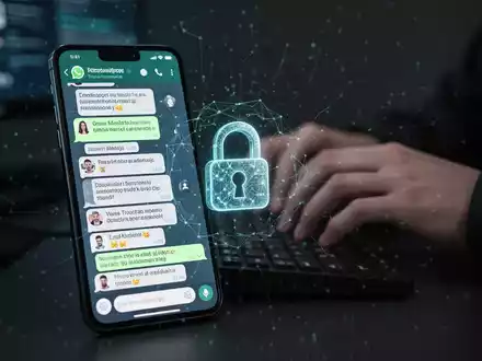 Ein Smartphone zeigt eine WhatsApp-Chat-Oberfläche mit verdächtigen Nachrichten und einem Vorhängeschloss-Symbol, umgeben von einem KI-Muster. - Foto: über boerse-global.de
