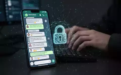 Ein Smartphone zeigt eine WhatsApp-Chat-Oberfläche mit verdächtigen Nachrichten und einem Vorhängeschloss-Symbol, umgeben von einem KI-Muster. - Foto: über boerse-global.de