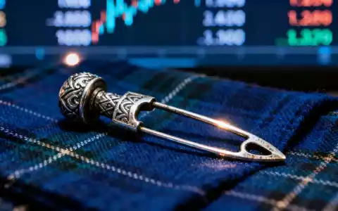 Nahaufnahme einer traditionellen schottischen Kiltnadel, die das Licht eines unscharfen digitalen Börsentickers im Hintergrund reflektiert. - Foto: über boerse-global.de