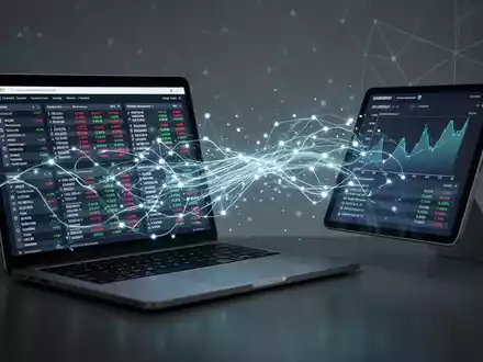 Ein stilisiertes digitales Netzwerk verbindet Laptop und Tablet, symbolisiert den Datenaustausch und die DATEV-Kompatibilität in der Finanzbuchhaltung. - Foto: über boerse-global.de
