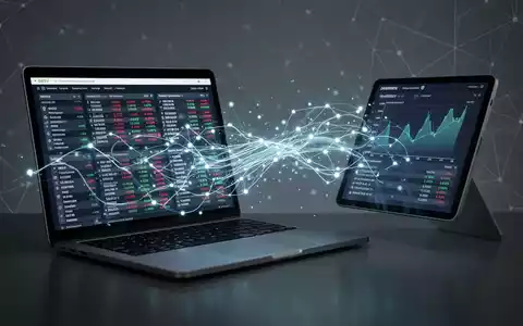 Ein stilisiertes digitales Netzwerk verbindet Laptop und Tablet, symbolisiert den Datenaustausch und die DATEV-Kompatibilität in der Finanzbuchhaltung. - Foto: über boerse-global.de