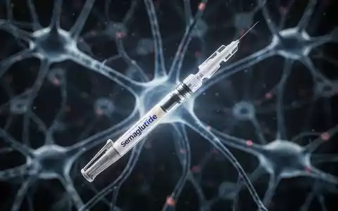 Ein beleuchteter Semaglutid-Injektionsstift vor einem verschwommenen Hintergrund von neuronalen Netzwerken, der medizinischen Fortschritt symbolisiert. - Foto: über boerse-global.de