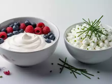 Eine Schale griechischer Joghurt mit Beeren und eine Schale Hüttenkäse mit Schnittlauch, appetitlich präsentiert. - Foto: über boerse-global.de
