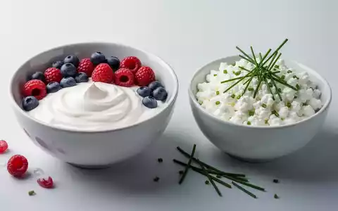 Eine Schale griechischer Joghurt mit Beeren und eine Schale Hüttenkäse mit Schnittlauch, appetitlich präsentiert. - Foto: über boerse-global.de