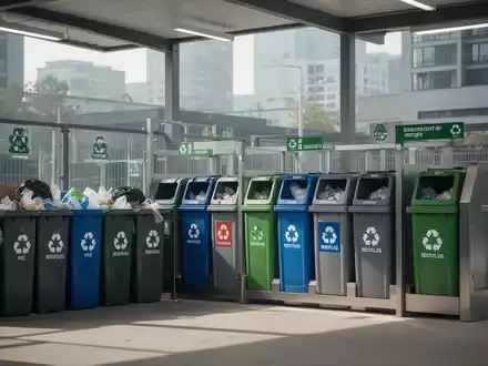 Ein urbanes Recyclingzentrum mit verschiedenen Mülltonnen und einem Fokus auf Organisation und Effizienz. - Foto: über boerse-global.de