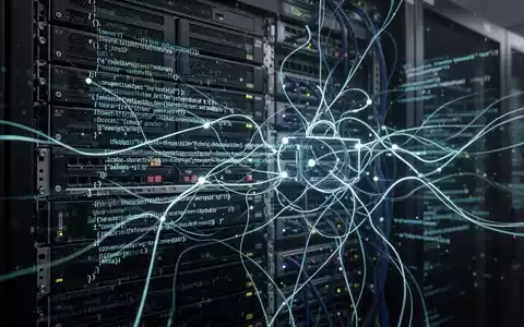 Glowing lines of code flow across a dark server rack, representing data encryption and network security. - Foto: über boerse-global.de