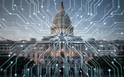 A glowing, abstract neural network design overlaid on a blurred image of a modern government building, symbolizing AI in public administration. - Foto: über boerse-global.de