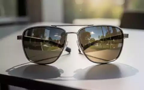 Nahaufnahme einer modernen polarisierten Sonnenbrille auf einem Tisch, die eine sonnige Szene in ihren Gläsern reflektiert. - Foto: über boerse-global.de