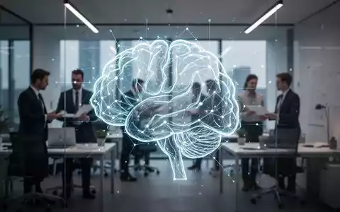 Ein stilisiertes, leuchtendes Gehirnsymbol aus digitalen Linien und Knoten vor einem modernen deutschen Büro, das Innovation darstellt. - Foto: über boerse-global.de