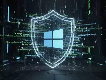 A stylized digital shield formed by glowing lines of code, protecting a Windows logo in a dark, tech-focused environment. - Foto: über boerse-global.de