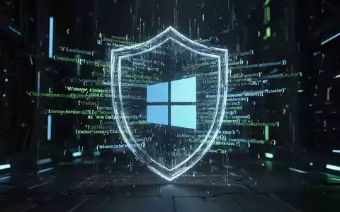 A stylized digital shield formed by glowing lines of code, protecting a Windows logo in a dark, tech-focused environment. - Foto: über boerse-global.de