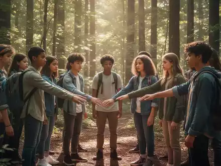 Jugendliche nehmen an einer Achtsamkeitsübung in einem sonnigen Wald teil, um Vertrauen und innere Stärke aufzubauen. - Foto: über boerse-global.de