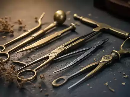 Nahaufnahme antiker chinesischer chirurgischer Instrumente aus Metall, kunstvoll auf dunklem Untergrund arrangiert, mit getrockneten Pflanzenresten. - Foto: über boerse-global.de