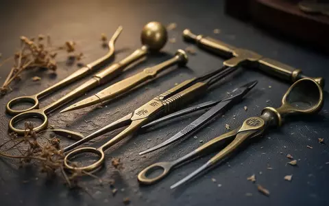 Nahaufnahme antiker chinesischer chirurgischer Instrumente aus Metall, kunstvoll auf dunklem Untergrund arrangiert, mit getrockneten Pflanzenresten. - Foto: über boerse-global.de