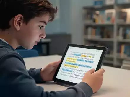 Ein junger Schüler konzentriert sich auf ein Tablet mit Text, möglicherweise mit Lernhilfen für Legasthenie, in einer ruhigen Lernumgebung. - Foto: über boerse-global.de