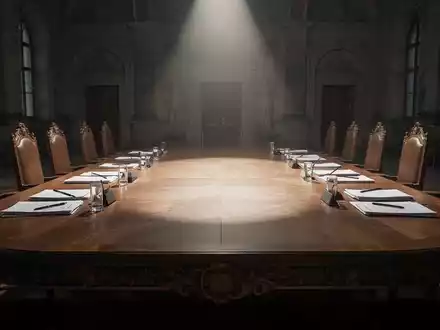 Ein langer Konferenztisch in einem historischen deutschen Regierungsgebäude mit zwei Gruppen von Dokumenten und Stiften auf gegenüberliegenden Seiten. - Foto: über boerse-global.de