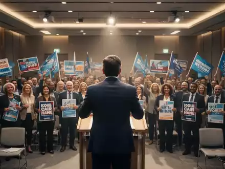 Eine Gruppe von Menschen in einem modernen Konferenzsaal, einige halten Wahlplakate. Eine Person spricht von einem Podium aus. - Foto: über boerse-global.de