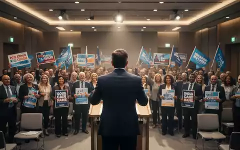 Eine Gruppe von Menschen in einem modernen Konferenzsaal, einige halten Wahlplakate. Eine Person spricht von einem Podium aus. - Foto: über boerse-global.de