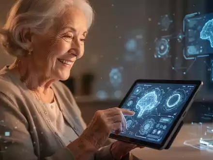 An elderly woman smiles while using a tablet, with abstract AI visuals on the screen, indicating digital engagement. - Foto: über boerse-global.de