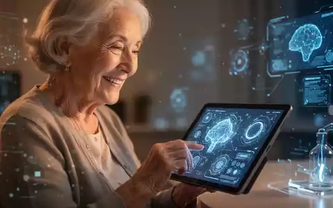 An elderly woman smiles while using a tablet, with abstract AI visuals on the screen, indicating digital engagement. - Foto: über boerse-global.de