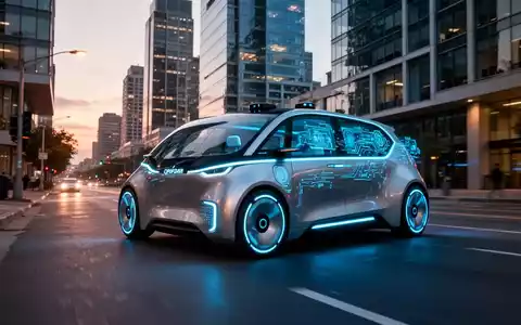 A futuristic Tesla Cybercab, an autonomous robotaxi, drives on a city street at dusk, showcasing advanced AI technology. - Foto: über boerse-global.de