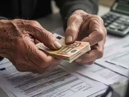 Nahaufnahme der Hände einer älteren Person, die Euro-Banknoten zählt, mit unscharfem Hintergrund von Dokumenten. - Foto: über boerse-global.de