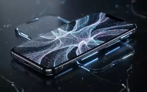 A close-up of a futuristic smartphone with a glowing screen displaying abstract AI patterns, resting on a dark, reflective surface. - Foto: über boerse-global.de