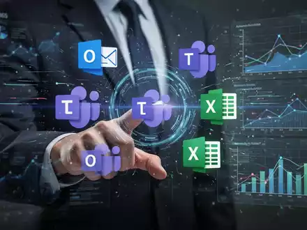 A close-up of hands touching a futuristic, glowing screen showing icons for Microsoft Outlook, Teams, and other productivity apps. - Foto: über boerse-global.de