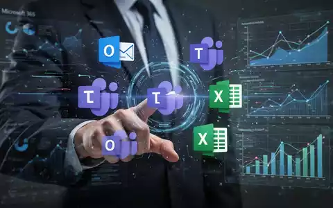 A close-up of hands touching a futuristic, glowing screen showing icons for Microsoft Outlook, Teams, and other productivity apps. - Foto: über boerse-global.de