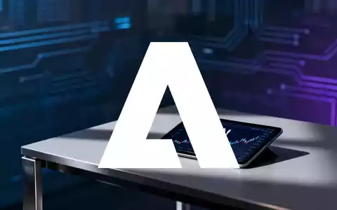 Ein minimalistischer Schreibtisch mit einem Tablet, das einen stilisierten Aktienchart und ein Adobe-Logo zeigt, vor einem unscharfen Technologiehintergrund. - Foto: über boerse-global.de