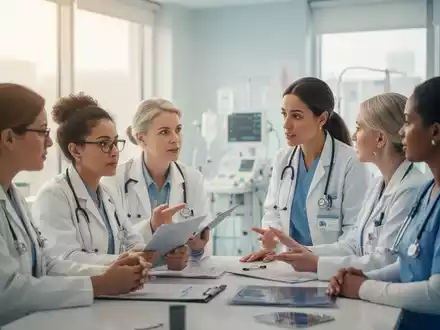 Eine Gruppe von Fachleuten im Gesundheitswesen, darunter Psychologen und Pflegekräfte, bespricht Patientenfälle in einer modernen Klinik. - Foto: über boerse-global.de