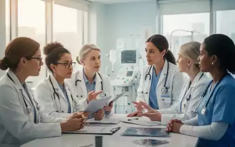 Eine Gruppe von Fachleuten im Gesundheitswesen, darunter Psychologen und Pflegekräfte, bespricht Patientenfälle in einer modernen Klinik. - Foto: über boerse-global.de