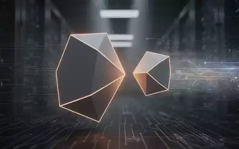 Zwei leuchtende geometrische Formen trennen sich vor einem dunklen, industriellen Hintergrund, symbolisierend einen Spin-off. - Foto: über boerse-global.de