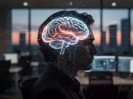 Eine Silhouette mit einem leuchtenden Gehirn, umgeben von digitalen Linien, in einem verschwommenen Büro. Symbolisiert kognitive Überlastung. - Foto: über boerse-global.de