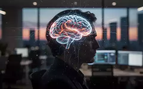 Eine Silhouette mit einem leuchtenden Gehirn, umgeben von digitalen Linien, in einem verschwommenen Büro. Symbolisiert kognitive Überlastung. - Foto: über boerse-global.de