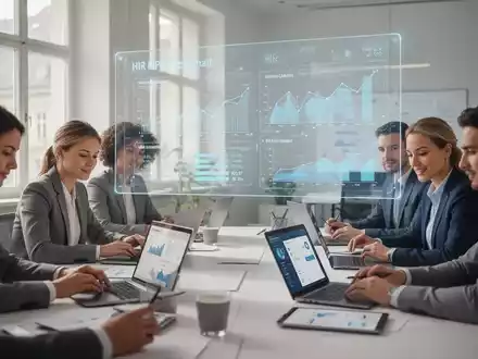 Ein modernes Büro in Wien mit einem Team, das an Laptops arbeitet und digitale HR-Daten auf einem Bildschirm analysiert. - Foto: über boerse-global.de