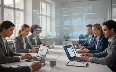 Ein modernes Büro in Wien mit einem Team, das an Laptops arbeitet und digitale HR-Daten auf einem Bildschirm analysiert. - Foto: über boerse-global.de