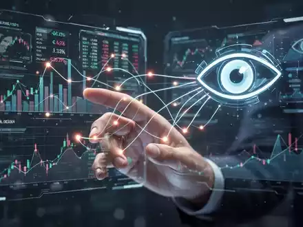 Eine futuristische Hand interagiert mit einem holografischen Interface, das Finanzdaten und ein stilisiertes Auge zeigt. - Foto: über boerse-global.de