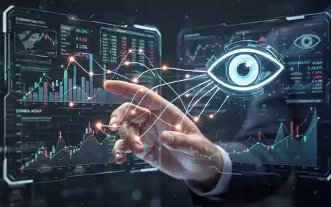 Eine futuristische Hand interagiert mit einem holografischen Interface, das Finanzdaten und ein stilisiertes Auge zeigt. - Foto: über boerse-global.de