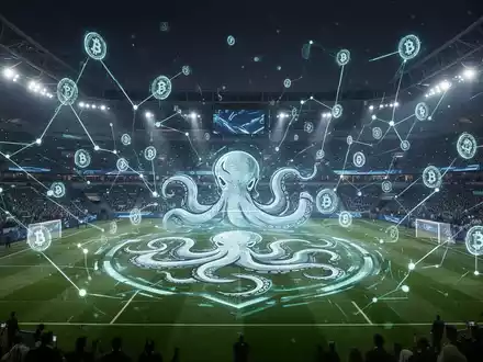 A futuristic football stadium at night with holographic blockchain connections and a large Kraken logo on the field. - Foto: über boerse-global.de